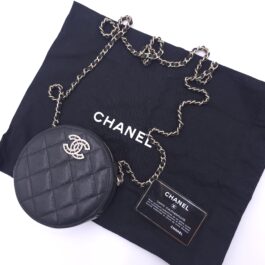 Chanel Caviar Quilted Crystal CC Round Clutch With Chain