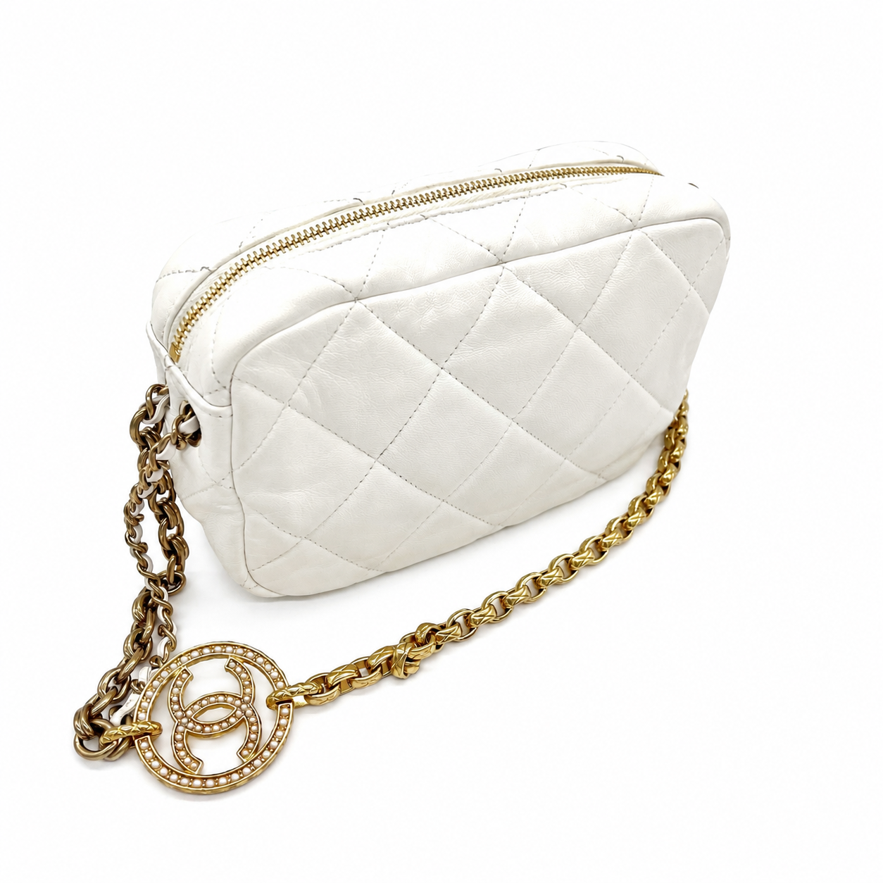 CHANEL White Quilted Lambskin Medallion Chain Camera Bag - Image 4
