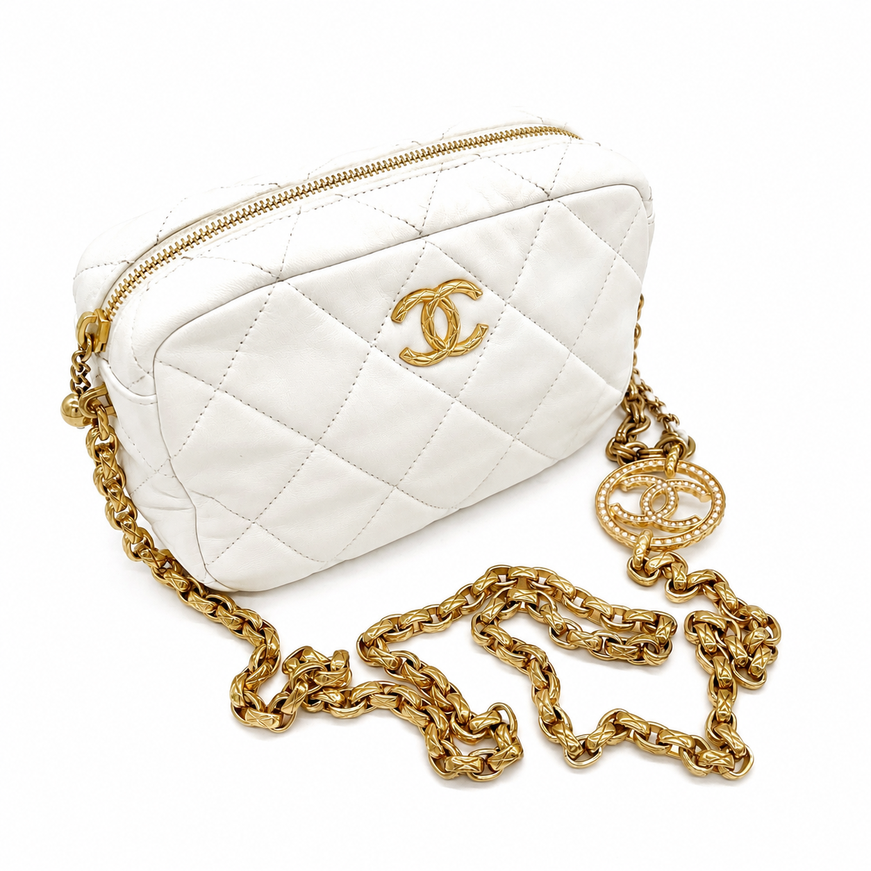 CHANEL White Quilted Lambskin Medallion Chain Camera Bag - Image 2