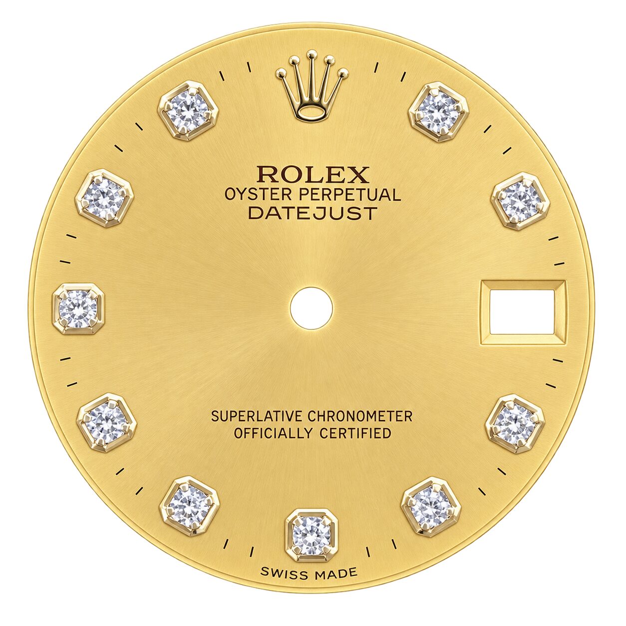 Guaranteed Authentic Rolex Oyster Perpetual DateJust Gold 10pt Diamond With Gold Border Watch Dial 31mm