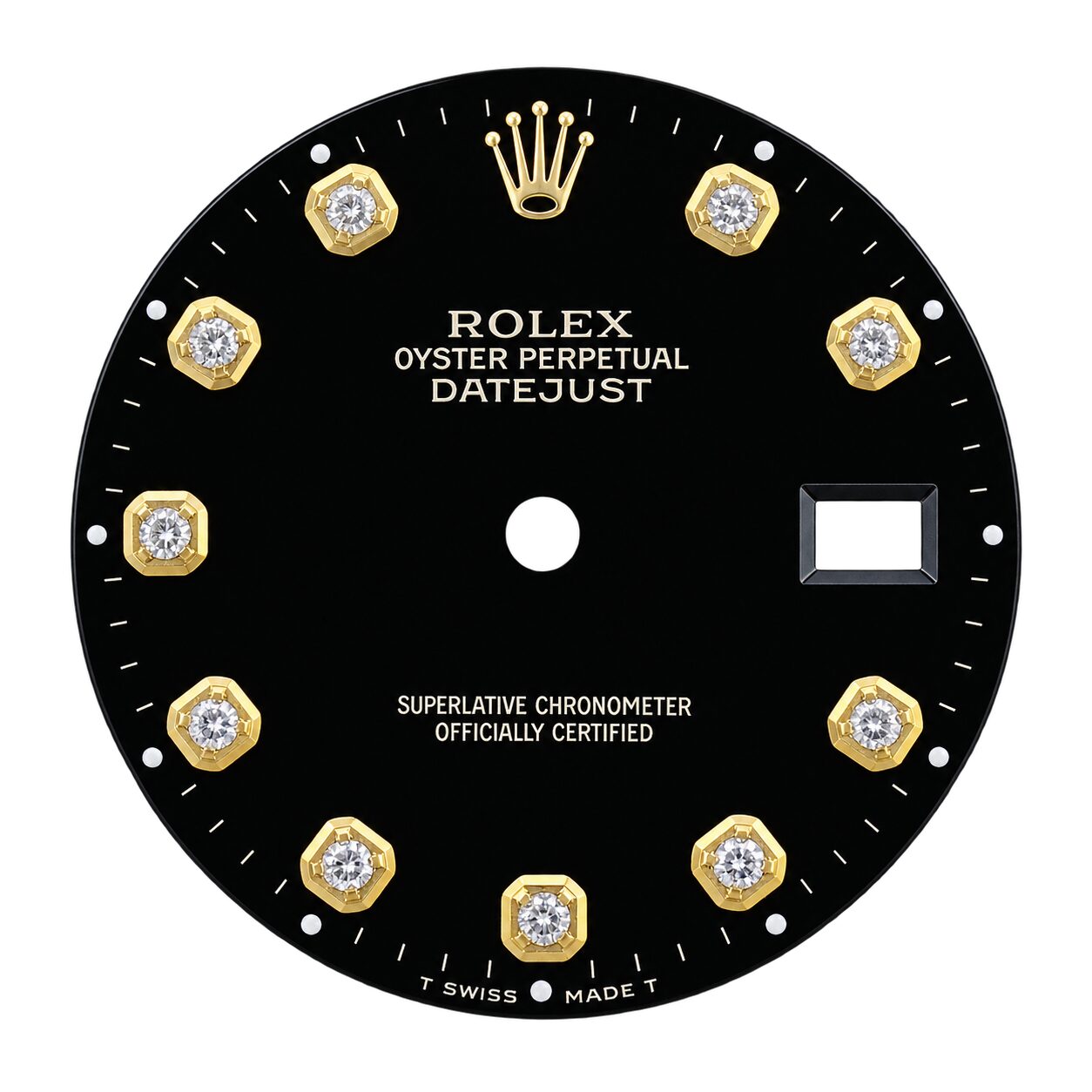 Guaranteed Authentic Rolex Oyster Perpetual DateJust Black 10pt Diamond With Gold Border Watch Dial 36mm