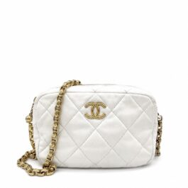CHANEL White Quilted Lambskin Medallion Chain Camera Bag