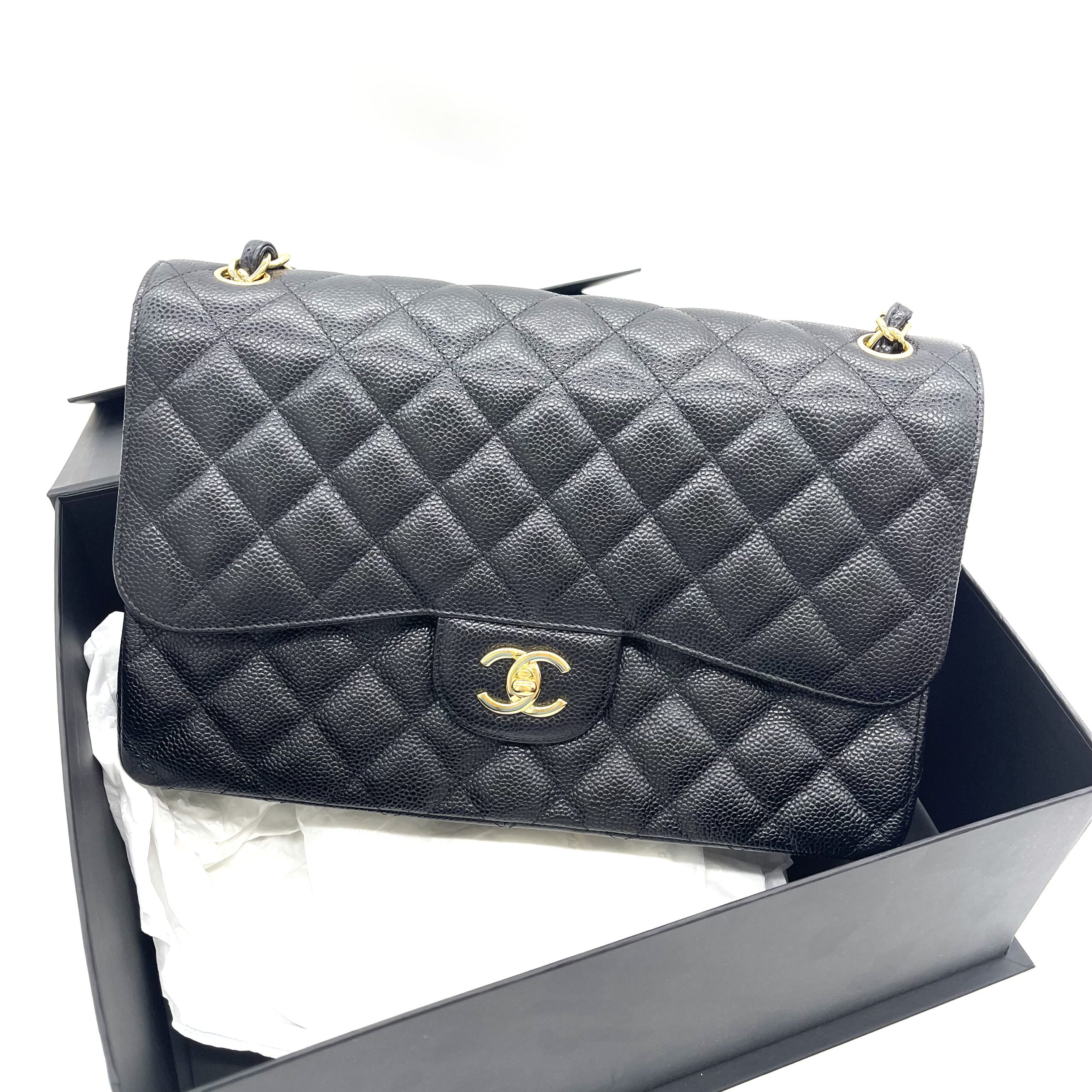 CHANEL Large Classic Double Flap Bag Black Caviar Leather Gold Hardware - Image 12