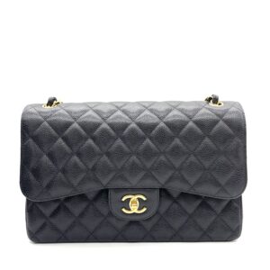 CHANEL Large Classic Double Flap Bag Black Caviar Leather Gold Hardware