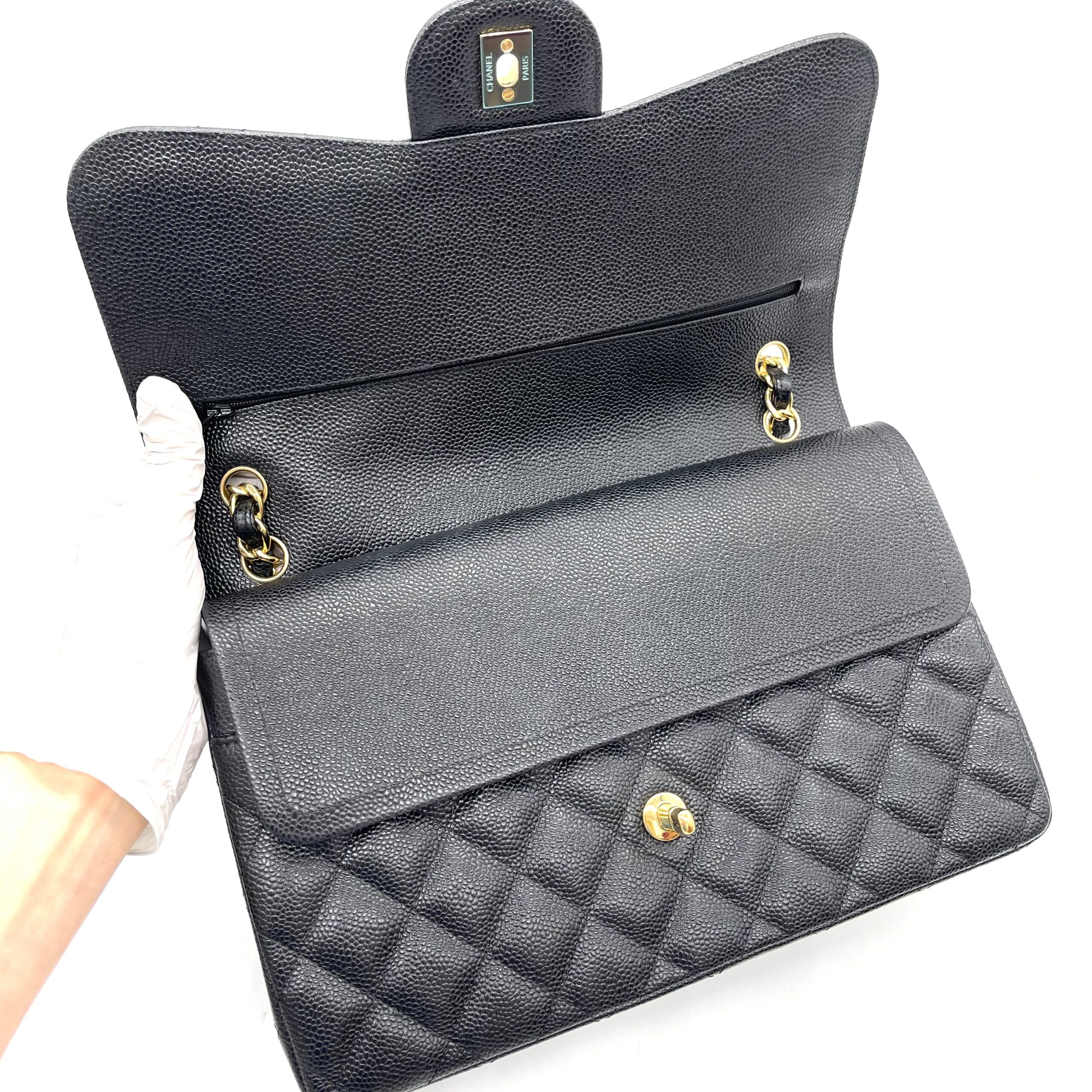 CHANEL Large Classic Double Flap Bag Black Caviar Leather Gold Hardware - Image 4