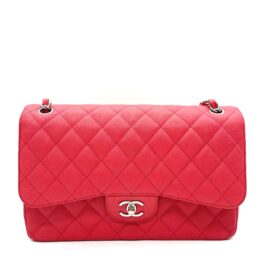 Chanel Classic Large Double Flap Bag Fuchsia Pink Quilted Caviar Leather Silver Hardware No. 28711