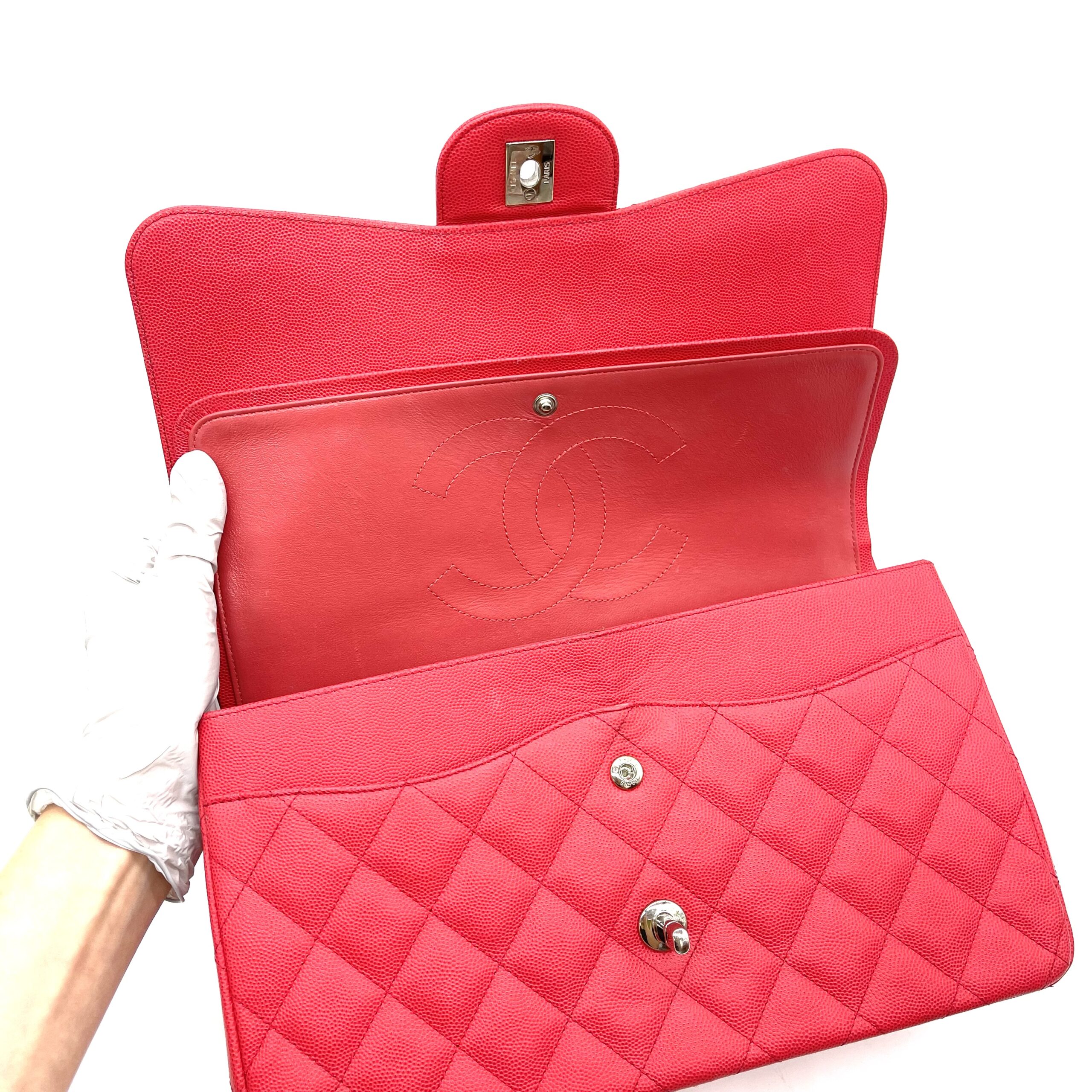 Chanel Classic Large Double Flap Bag Fuchsia Pink Quilted Caviar Leather Silver Hardware No. 28711 - Image 7