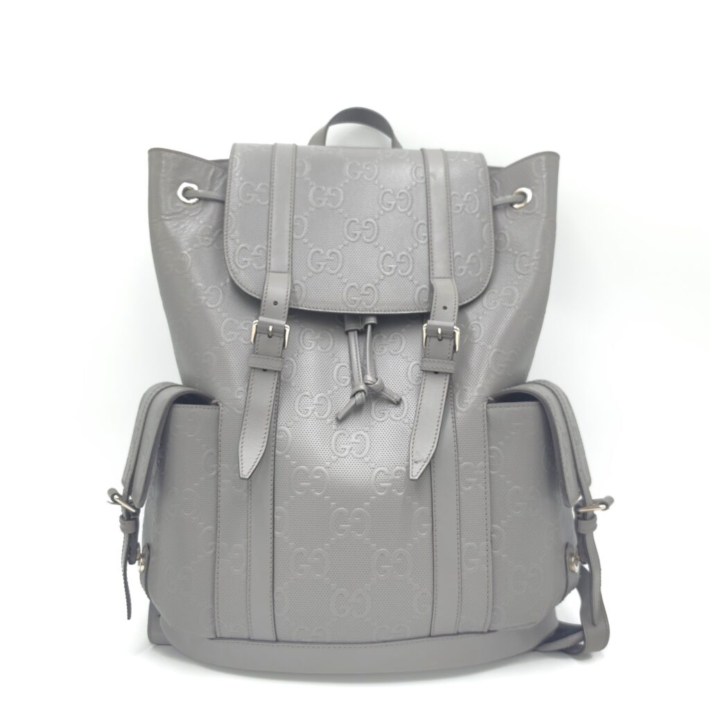 Gucci Gray Calfskin Jumbo GG Embossed Double Buckle Backpack