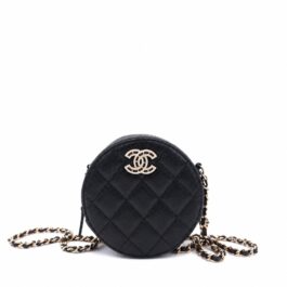 Chanel Caviar Quilted Crystal CC Round Clutch With Chain