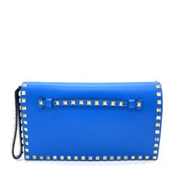 VALENTINO Blue Lambskin Leather Rockstud Small Clutch Bag