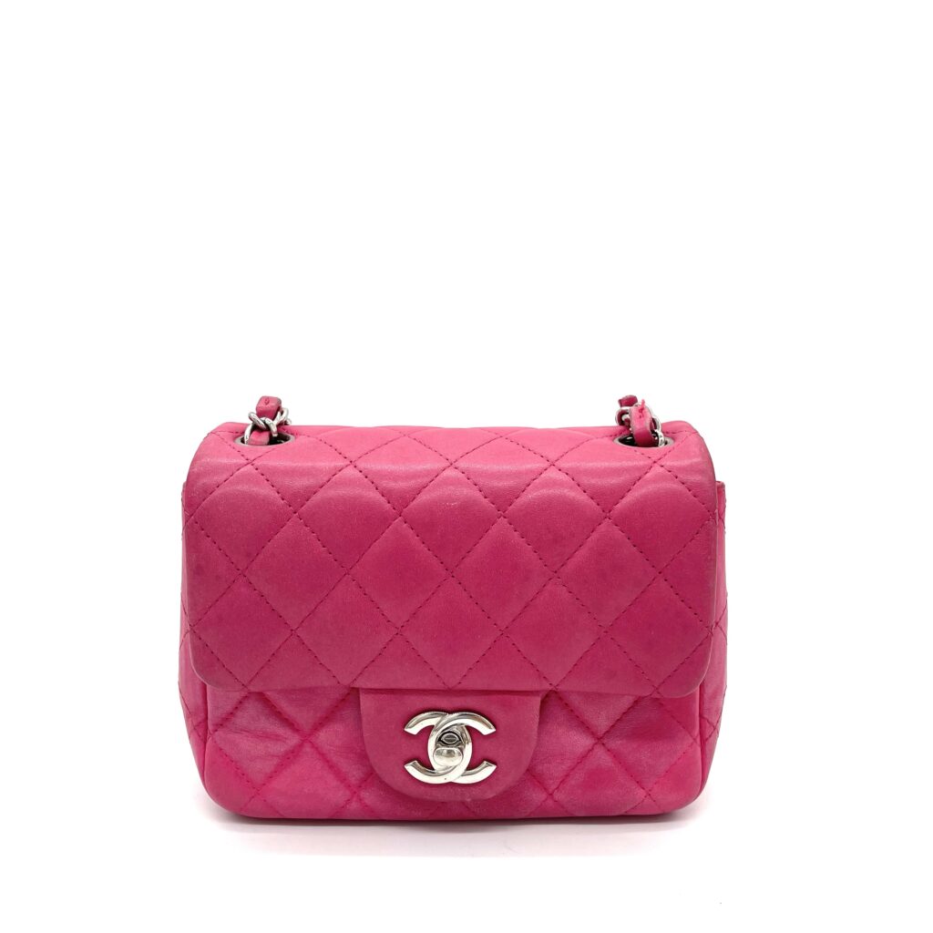 Chanel Pink Lambskin Quilted Mini Square Flap Bag with SilverTone Hardware