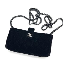 Chanel Vintage Velvet Quilted Mini Phone Holder Crossbody Bag Black