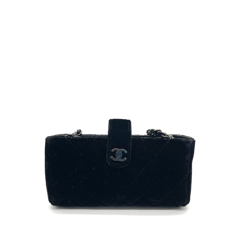 Chanel Vintage Velvet Quilted Mini Phone Holder Crossbody Bag Black