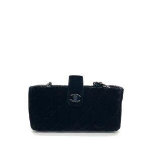 Chanel Vintage Velvet Quilted Mini Phone Holder Crossbody Bag Black