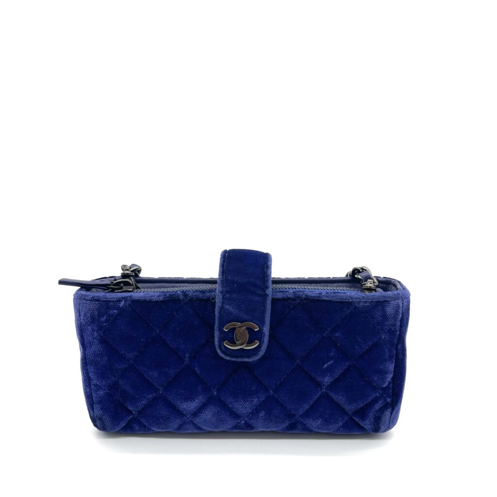 Chanel Vintage Velvet Quilted Mini Phone Holder Crossbody Bag Blue