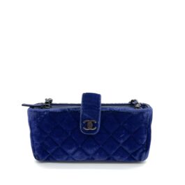 Chanel Vintage Velvet Quilted Mini Phone Holder Crossbody Bag Blue