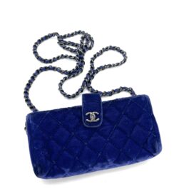 Chanel Vintage Velvet Quilted Mini Phone Holder Crossbody Bag Blue