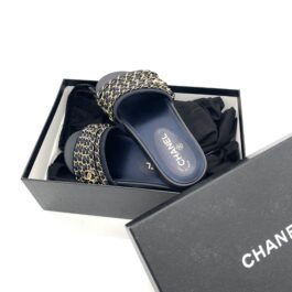 Chanel Satin Canvas Chain Slides Sandals Flats 36 Marine