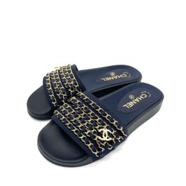 Chanel Satin Canvas Chain Slides Sandals Flats 36 Marine