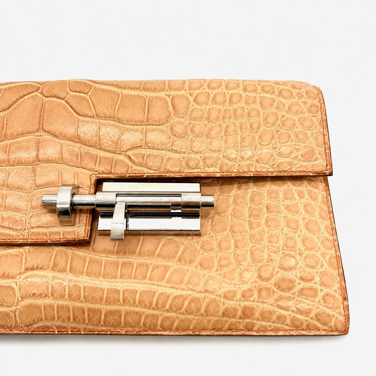 Hermès Medor Alligator Crocodile Leather Clutch Orange Palladium Hardware Made in France - Image 6