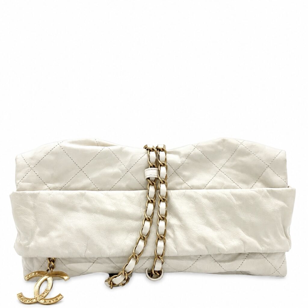Chanel White Quilted Leather Shoulder Bag with Oversized Gold CC Charm