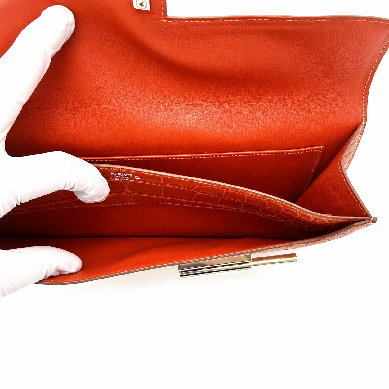 Hermès Medor Alligator Crocodile Leather Clutch Orange Palladium Hardware Made in France - Image 8