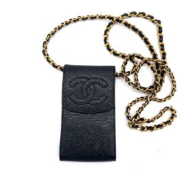 Chanel 1996-1997 Black Caviar Skin Chain Shoulder Bag Pochette Phone Case