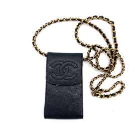 Chanel 1996-1997 Black Caviar Skin Chain Shoulder Bag Pochette Phone Case