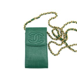 CHANEL 1996–1997 Vintage Green Caviar Leather Chain Shoulder Pochette Phone Case