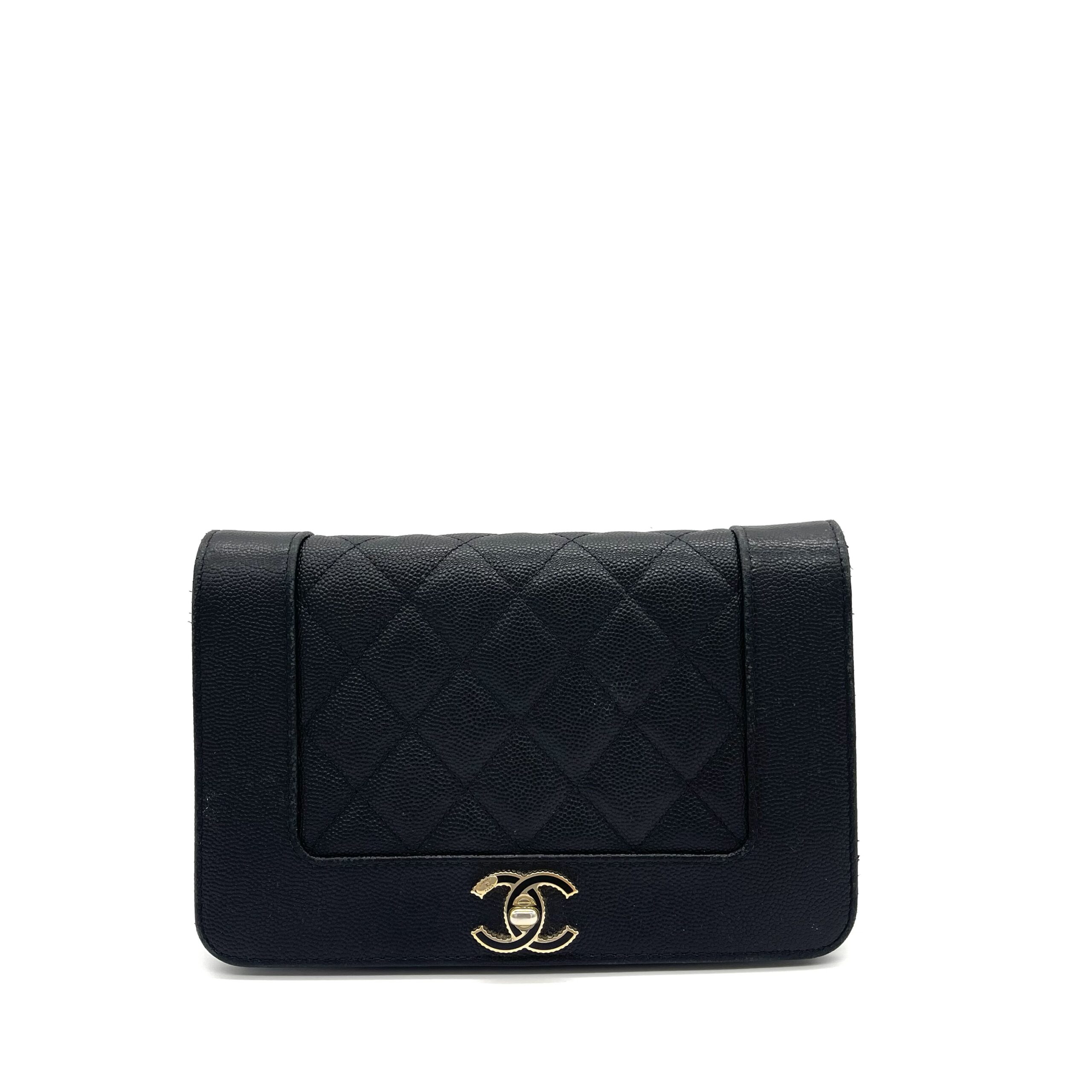 Chanel Vintage Mademoiselle Wallet On Chain (WOC) Caviar Quilted Black Gold Hardware