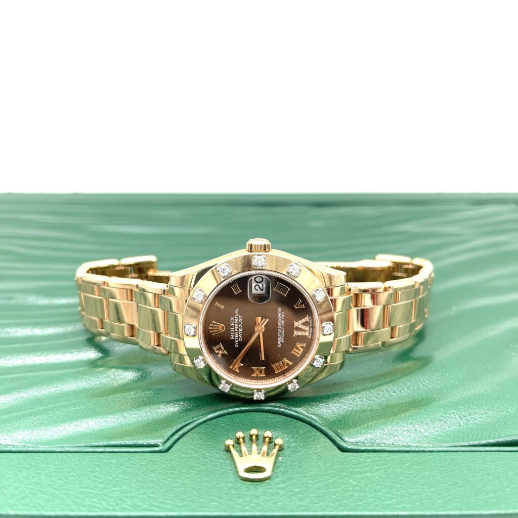 Rolex Lady-Datejust Pearlmaster 18K Rose Gold 34mm Chocolate Dial Diamond Watch with 12 Diamond Bezel