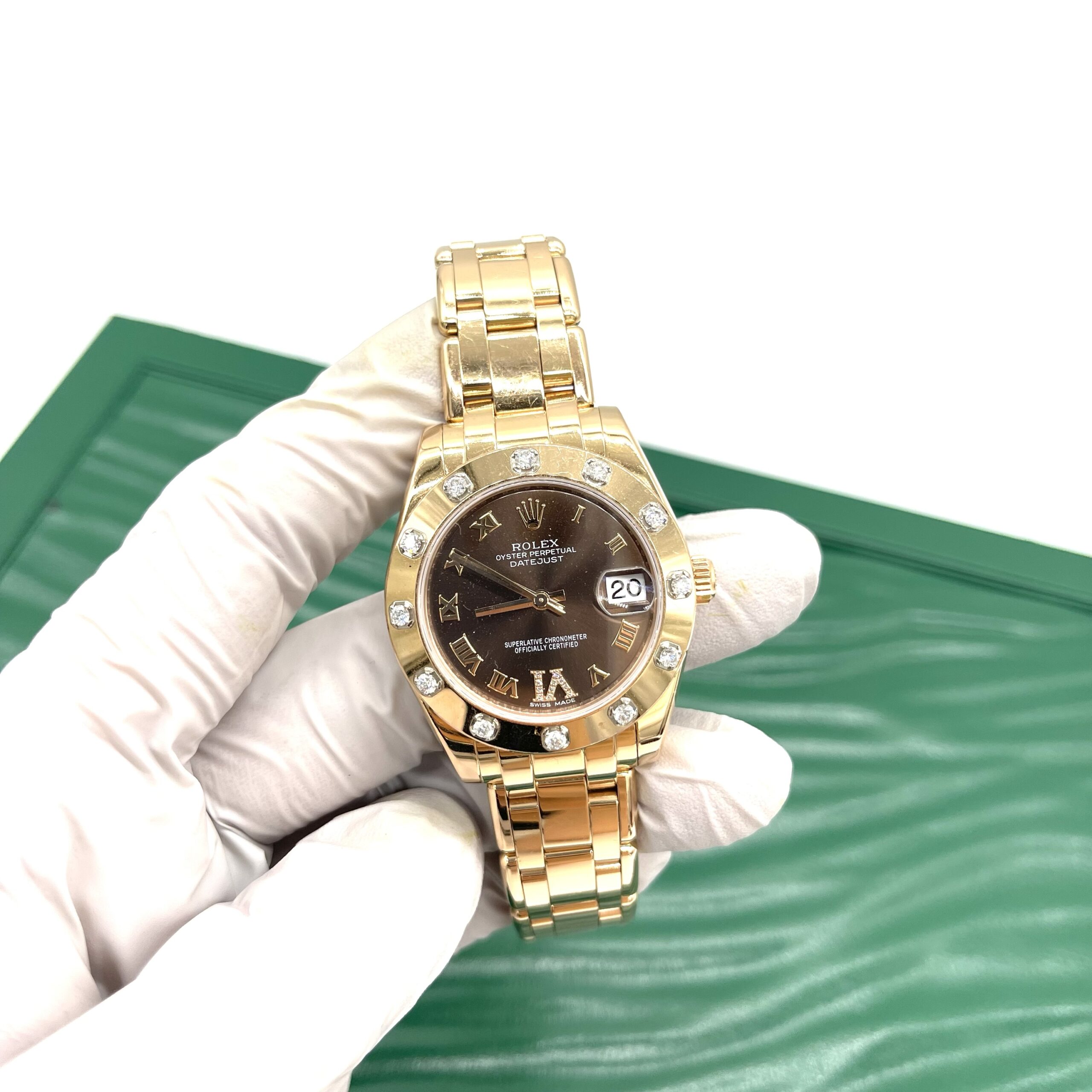 Rolex Lady-Datejust Pearlmaster 18K Rose Gold 34mm Chocolate Dial Diamond Watch with 12 Diamond Bezel - Image 3