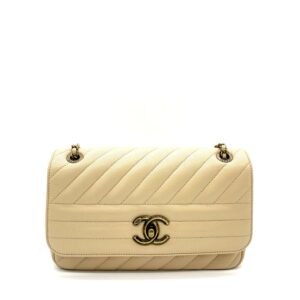 CHANEL Shiny Goatskin Diagonal Quilted Small Flap Bag Beige Aged Gold Hardware 2016