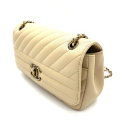 CHANEL Shiny Goatskin Diagonal Quilted Small Flap Bag Beige Aged Gold Hardware 2016