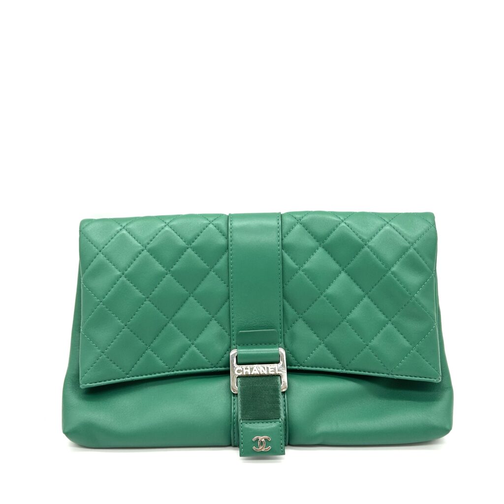 Chanel Green Quilted Leather Flap Clutch with CC Buckle
