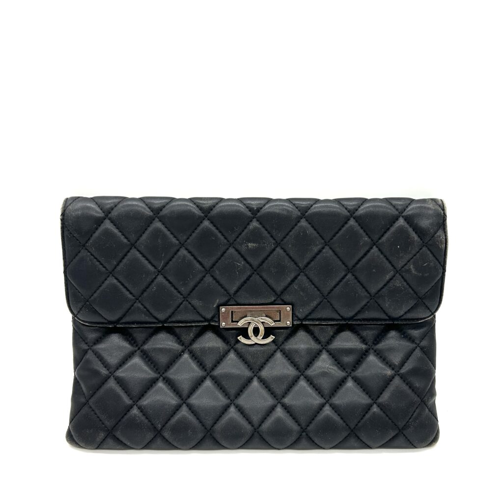 Chanel Black Quilted Leather Flap Clutch with Silver-Tone CC Buckle