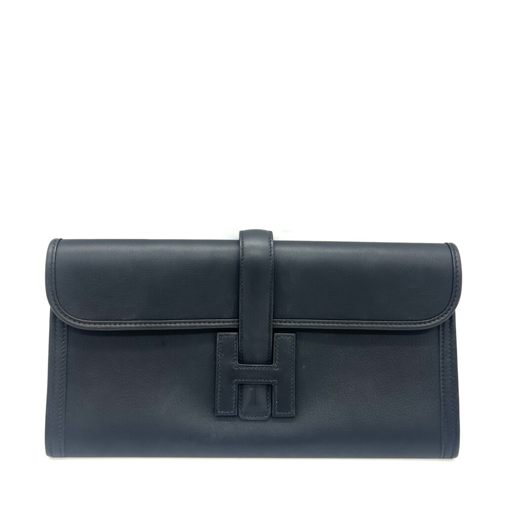 Hermès Jige Elan Leather Clutch Navy Blue H Logo Foldover Clutch Made in France