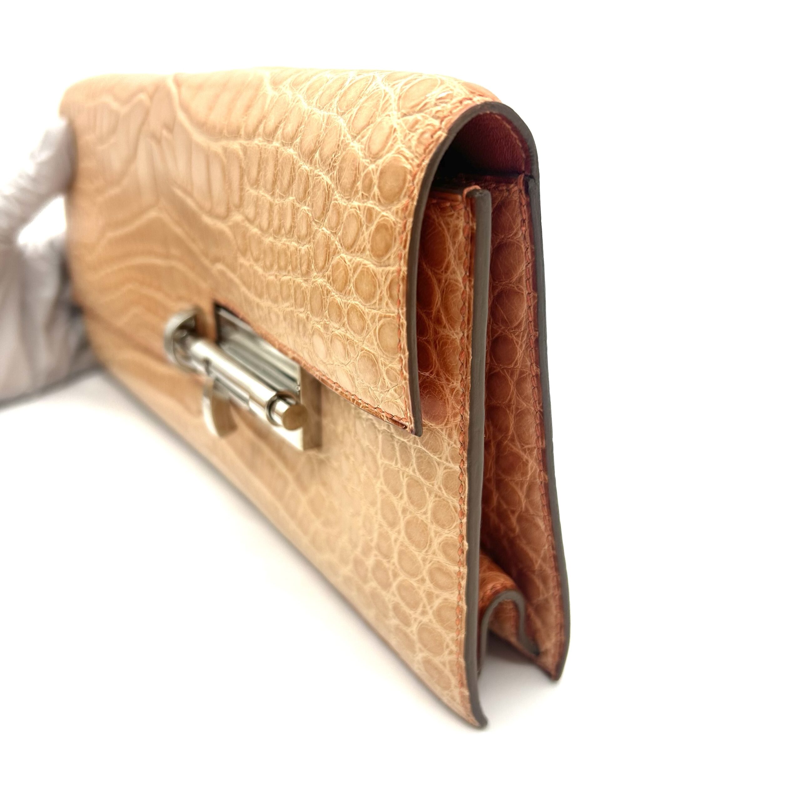 Hermès Medor Alligator Crocodile Leather Clutch Orange Palladium Hardware Made in France - Image 4