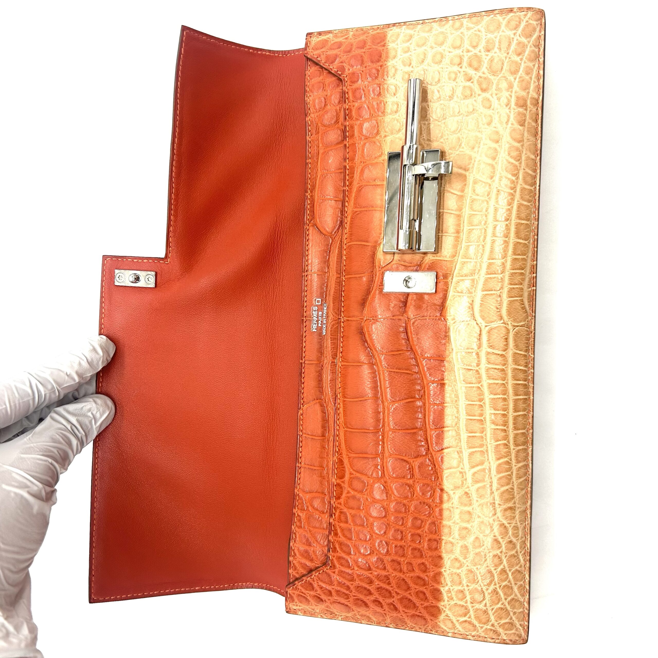 Hermès Medor Alligator Crocodile Leather Clutch Orange Palladium Hardware Made in France - Image 5