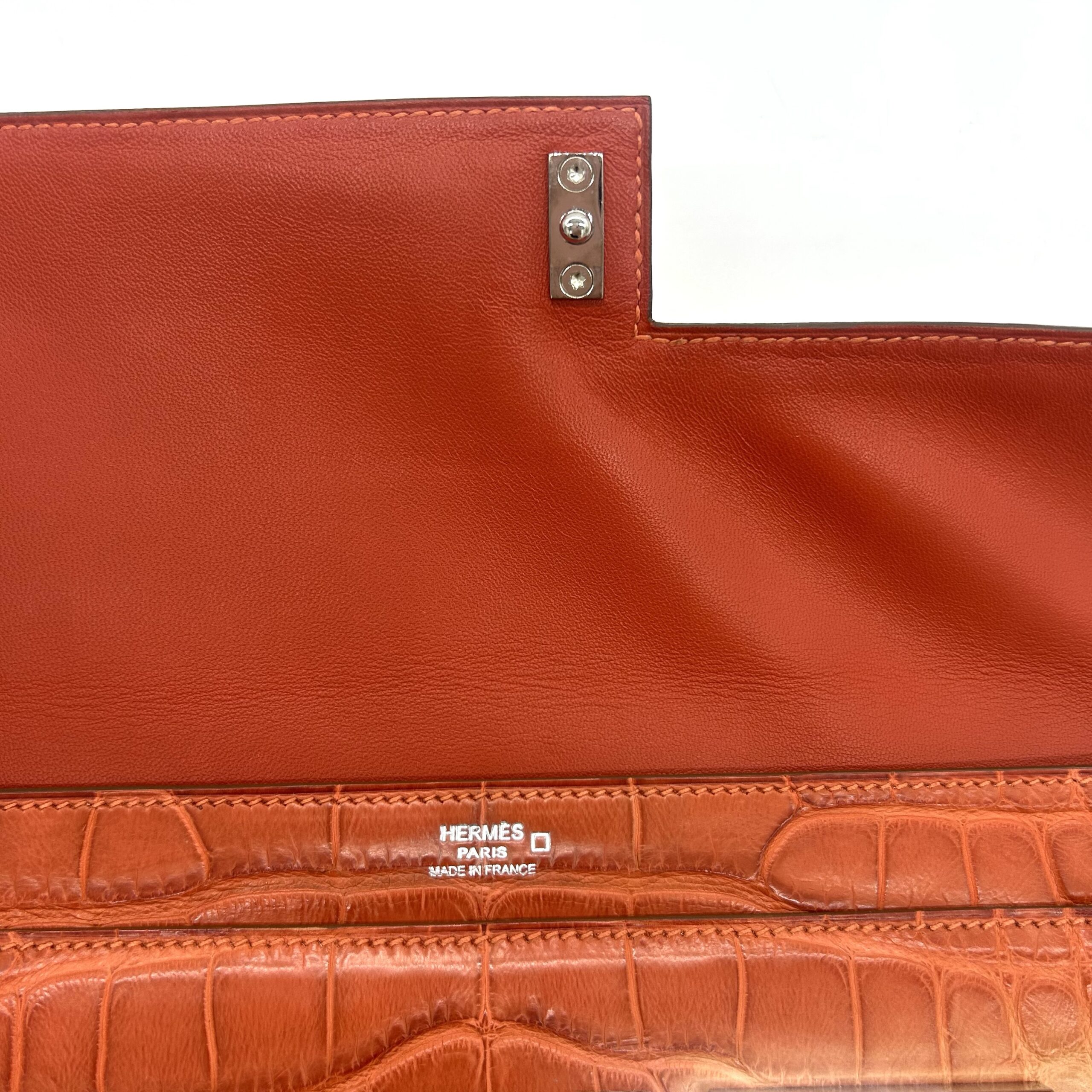 Hermès Medor Alligator Crocodile Leather Clutch Orange Palladium Hardware Made in France - Image 9