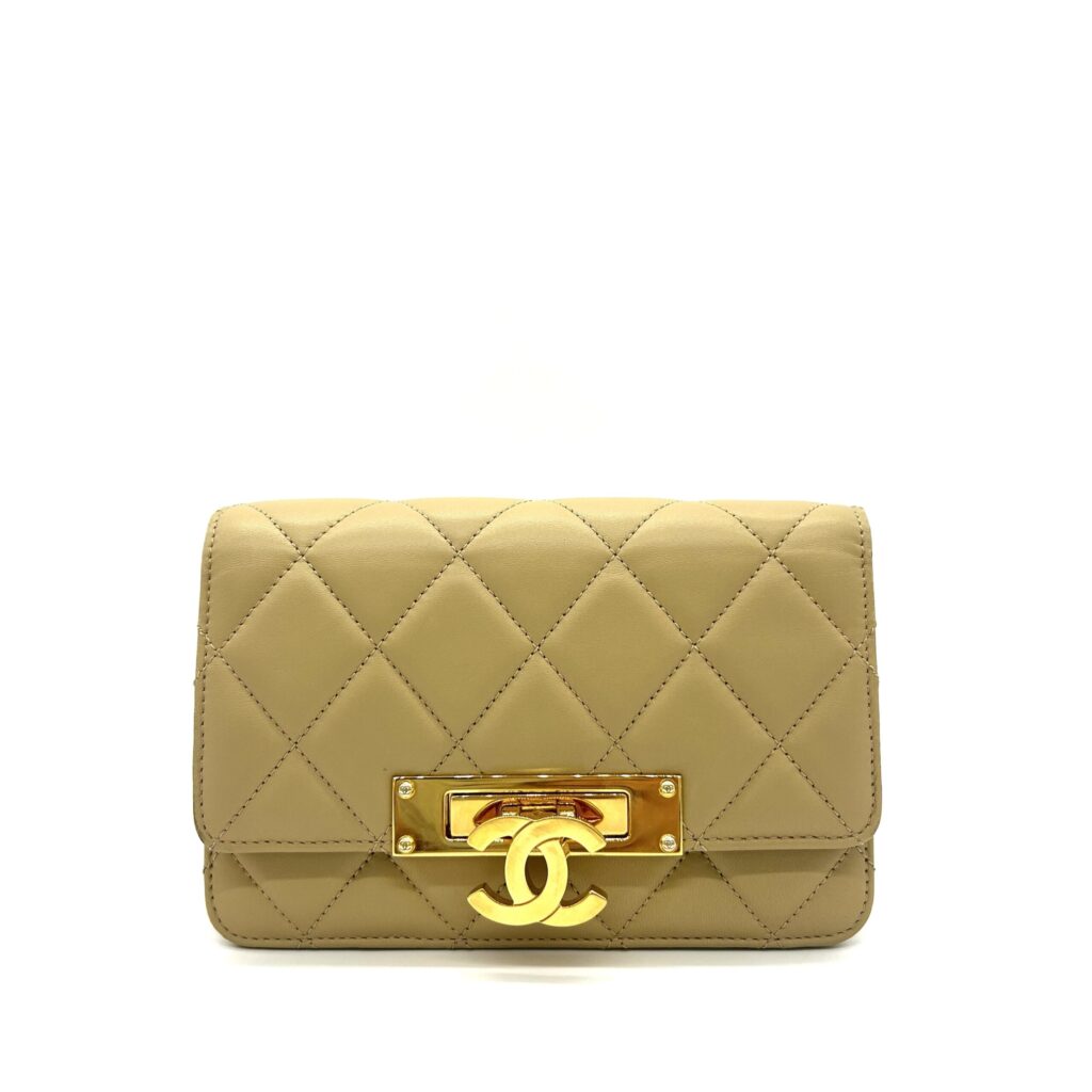 Authentic CHANEL Quilted Beige Lambskin CC Turn-Lock Wallet on Chain WOC Gold Hardware