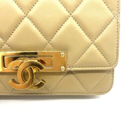 Authentic CHANEL Quilted Beige Lambskin CC Turn-Lock Wallet on Chain WOC Gold Hardware