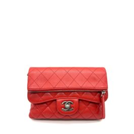 Chanel Red Quilted Lambskin CC Flap Wallet Clutch Zip Pocket Silver Hardware
