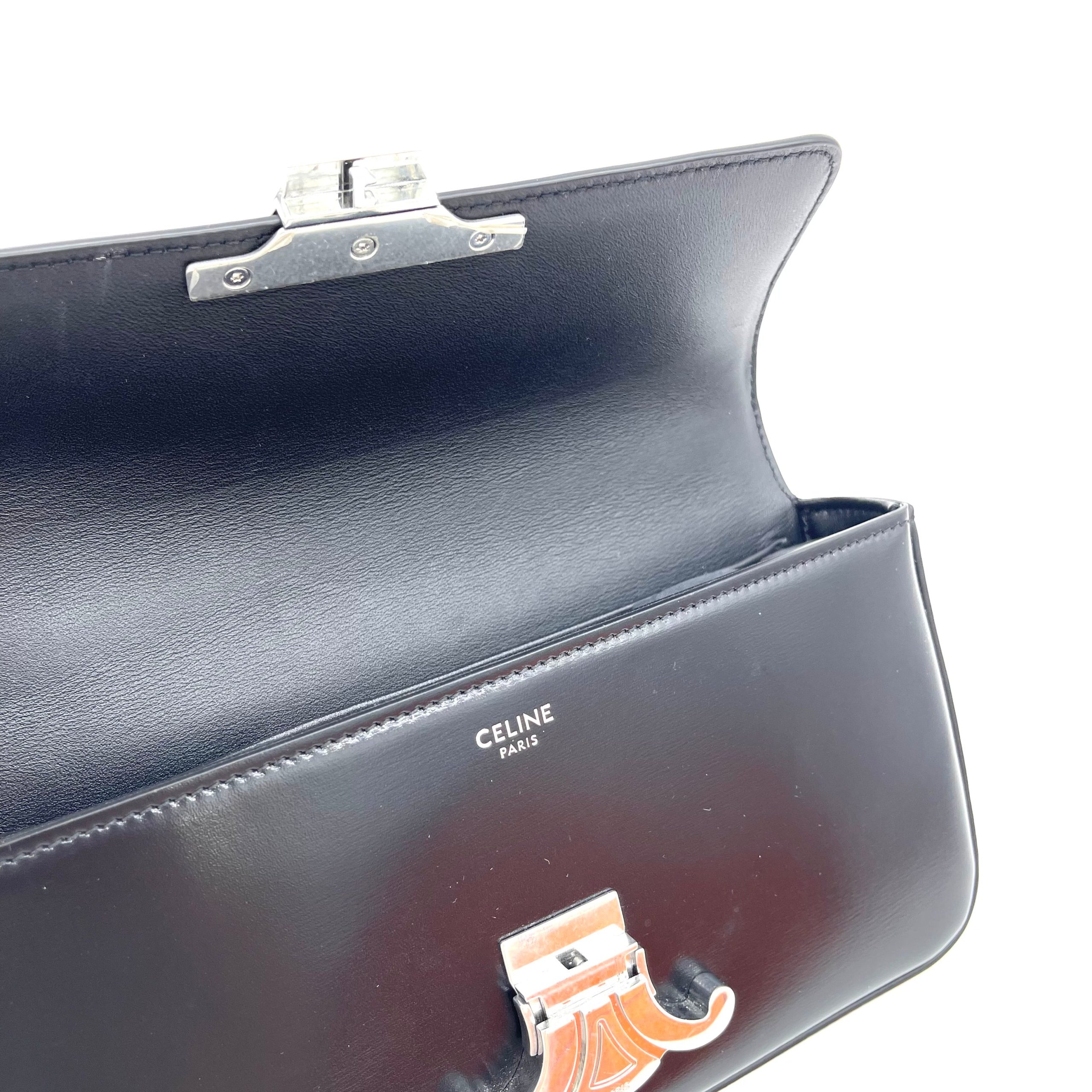 CELINE Shiny Calfskin Triomphe Chain Shoulder Bag Black