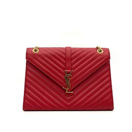 Saint Laurent Grain De Poudre Matelasse Chevron Large Monogram Satchel Lipstick Red 2013