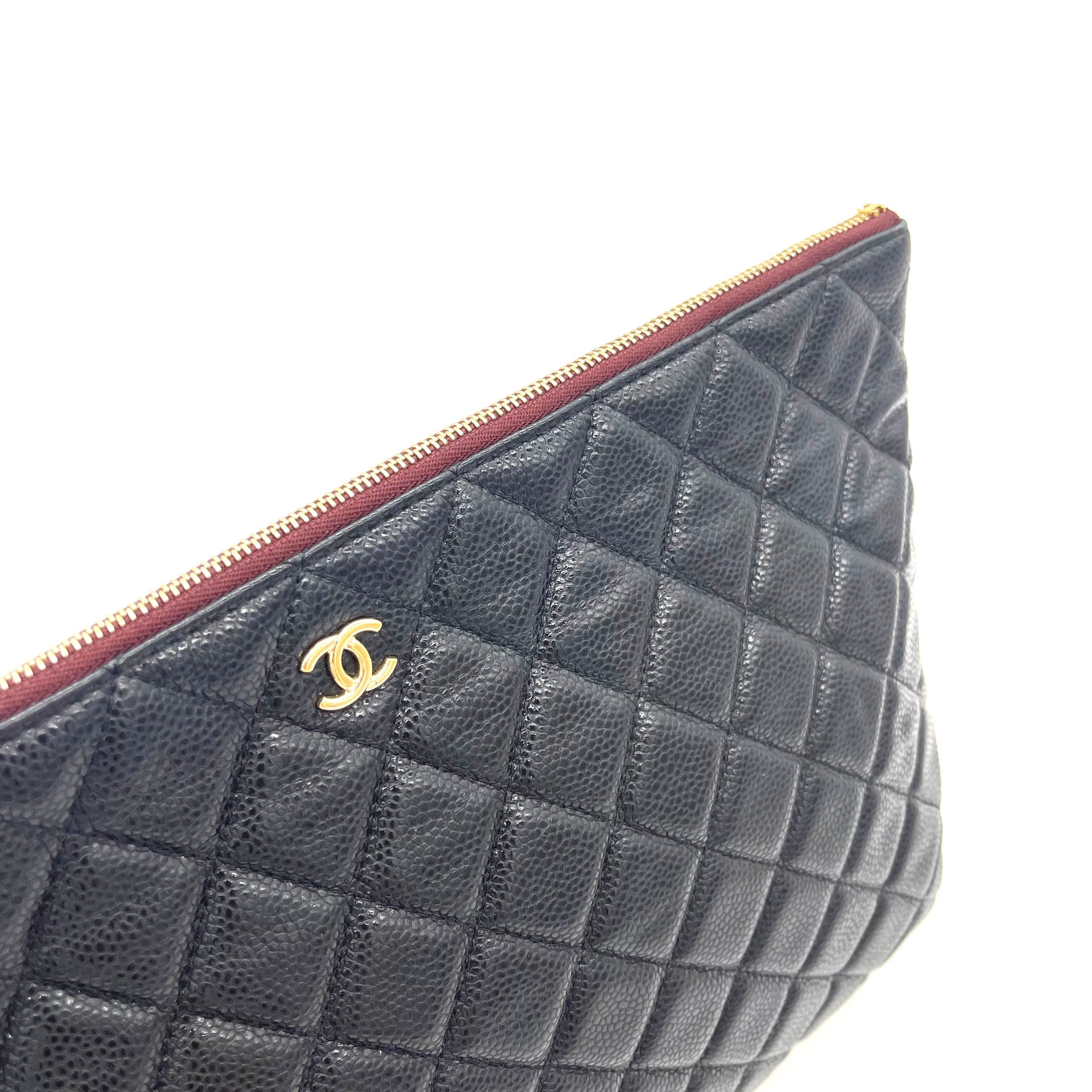 CHANEL O Case Large Clutch in Black Quilted Caviar Leather with Gold-Tone Hardware