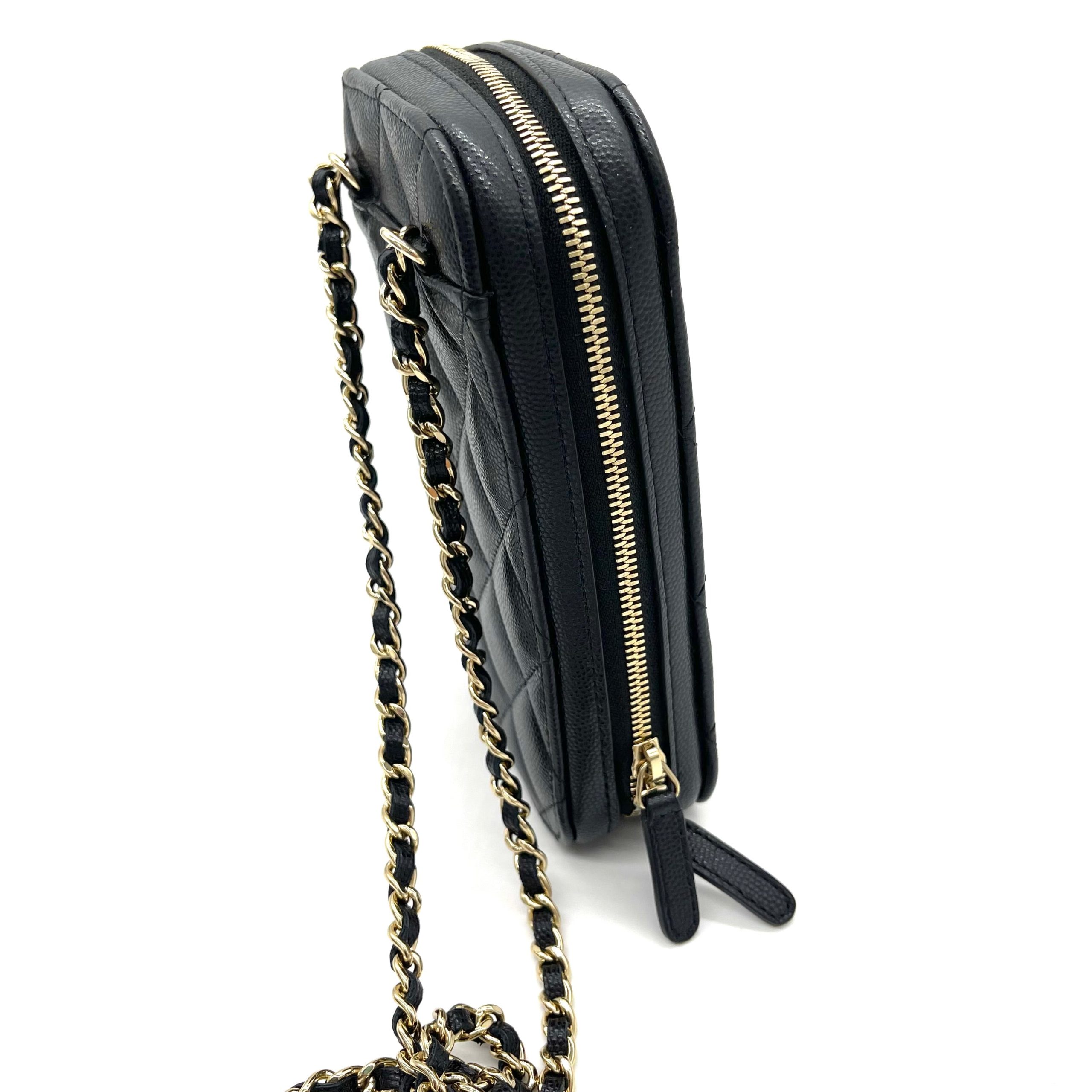 CHANEL Zip Around Phone Case Chain Shoulder Bag – Black Grained Calfskin