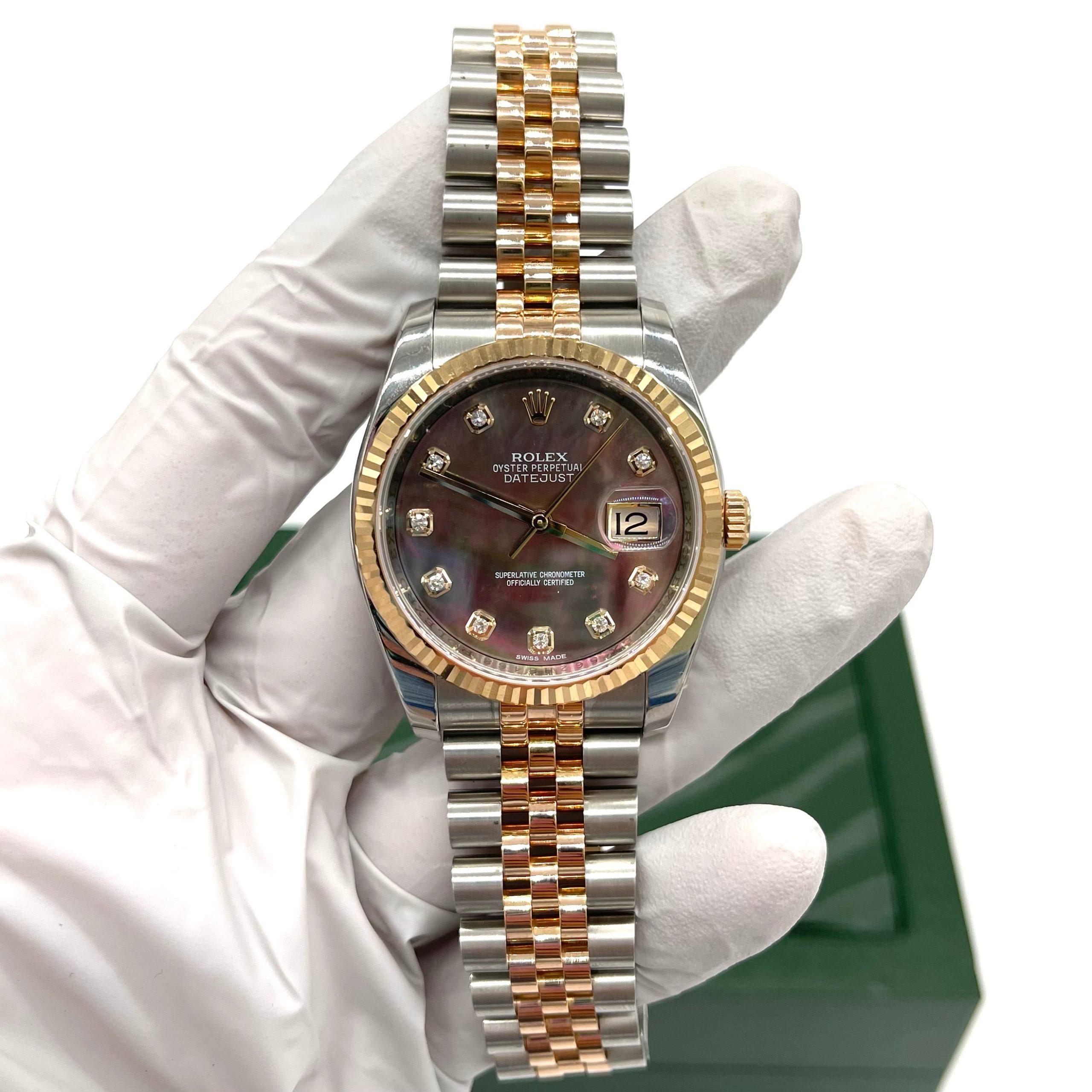 ROLEX Oyster Perpetual Datejust 36 Black Mother of Pearl Dial Stainless Steel and 18K Gold Jubilee Bracelet Automatic Watch Item No. 116231BKMDJ