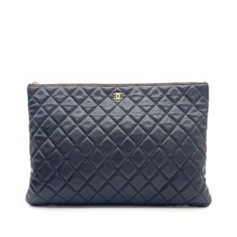 CHANEL O Case Large Clutch in Black Quilted Caviar Leather with Gold-Tone Hardware