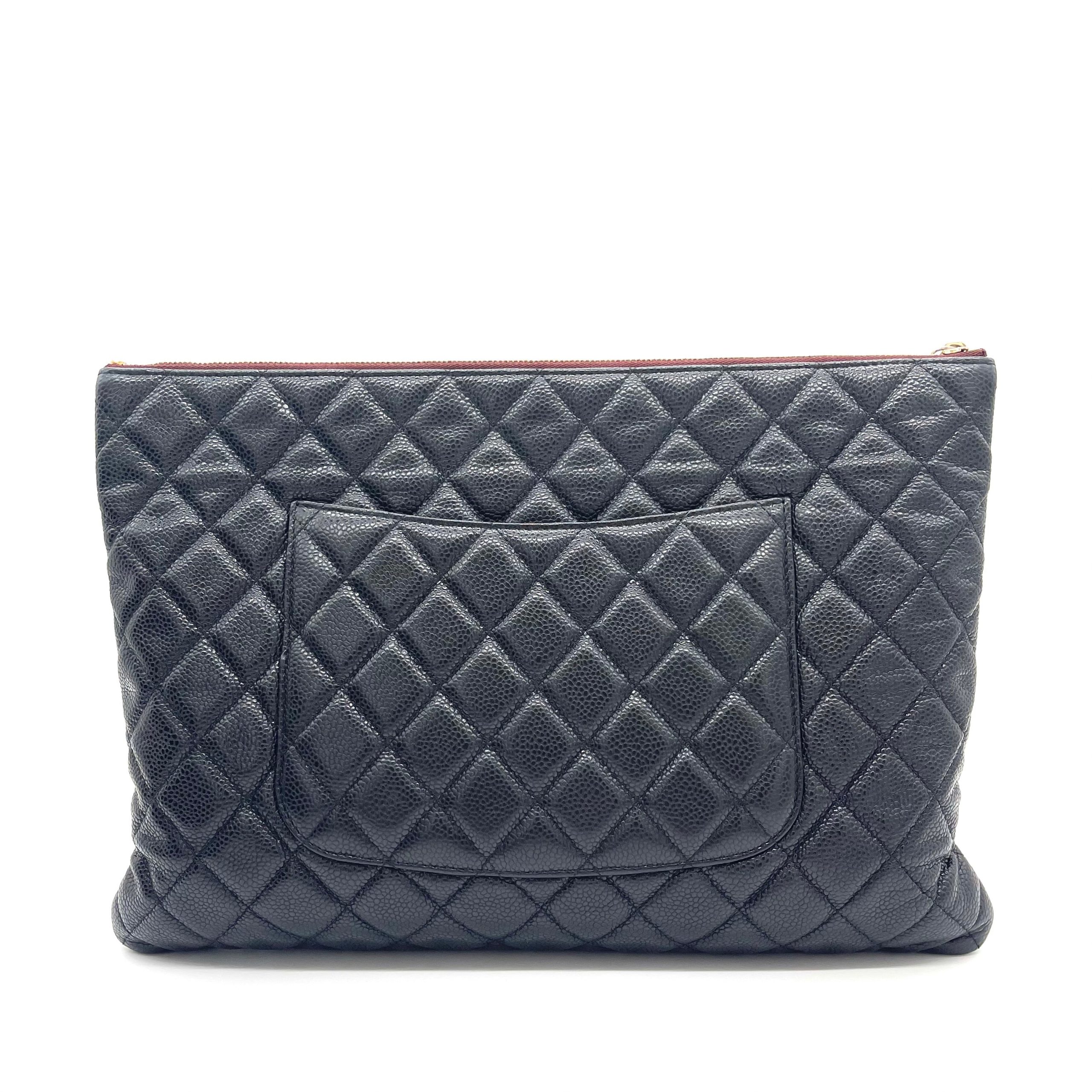 CHANEL O Case Large Clutch in Black Quilted Caviar Leather with Gold-Tone Hardware